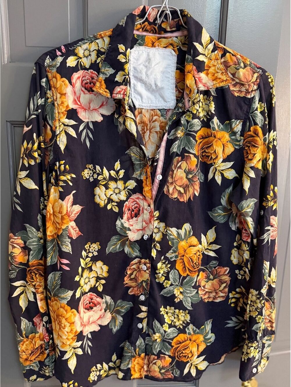 Cino Floral Long Sleeve Button Down Shirt Rose Print Crinkle Gauze Small